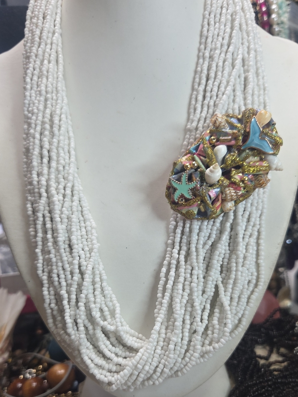 Milk glass seedbead necklace with ocean theme handmade brooch